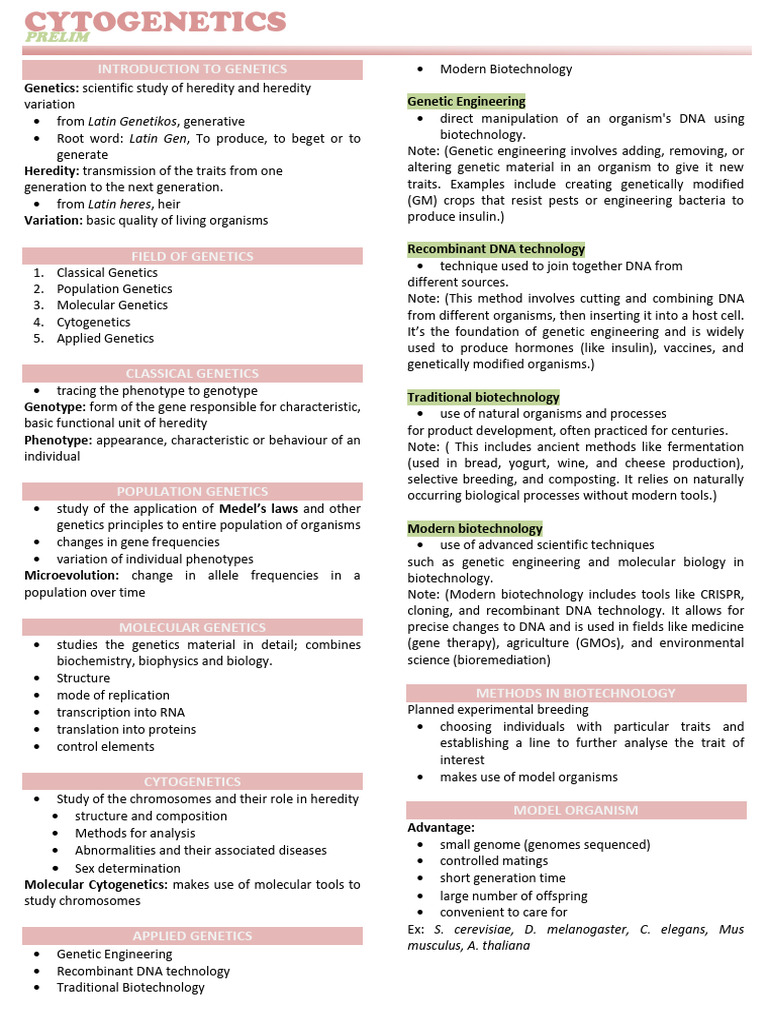 Overview of Cytogenetics and Genetics | PDF | Cell (Biology) | Dna