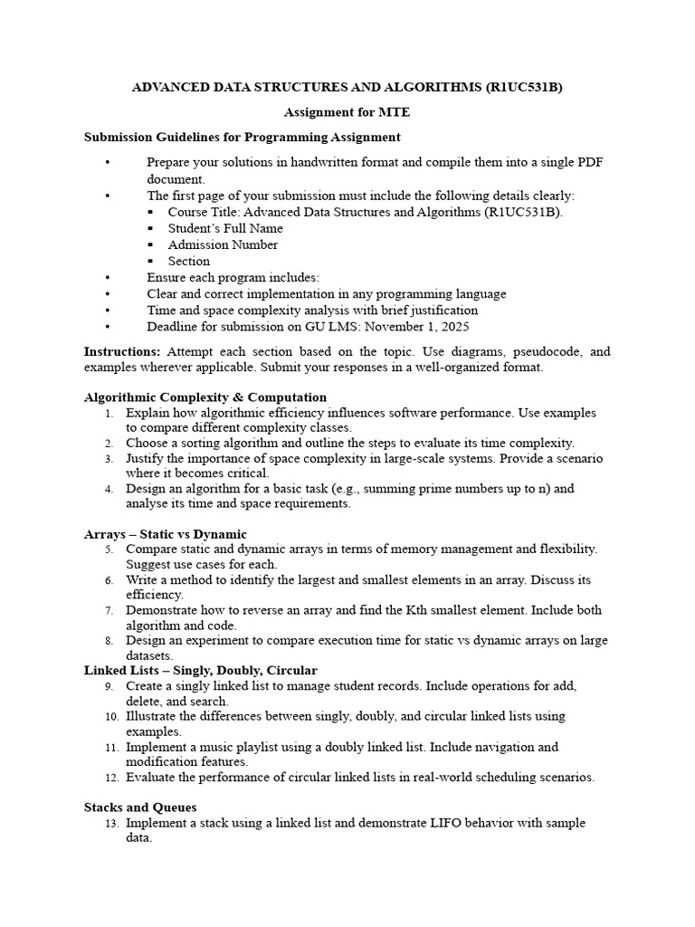 Advanced Data Structures Assignment Guide | PDF | Queue (Abstract Data ...