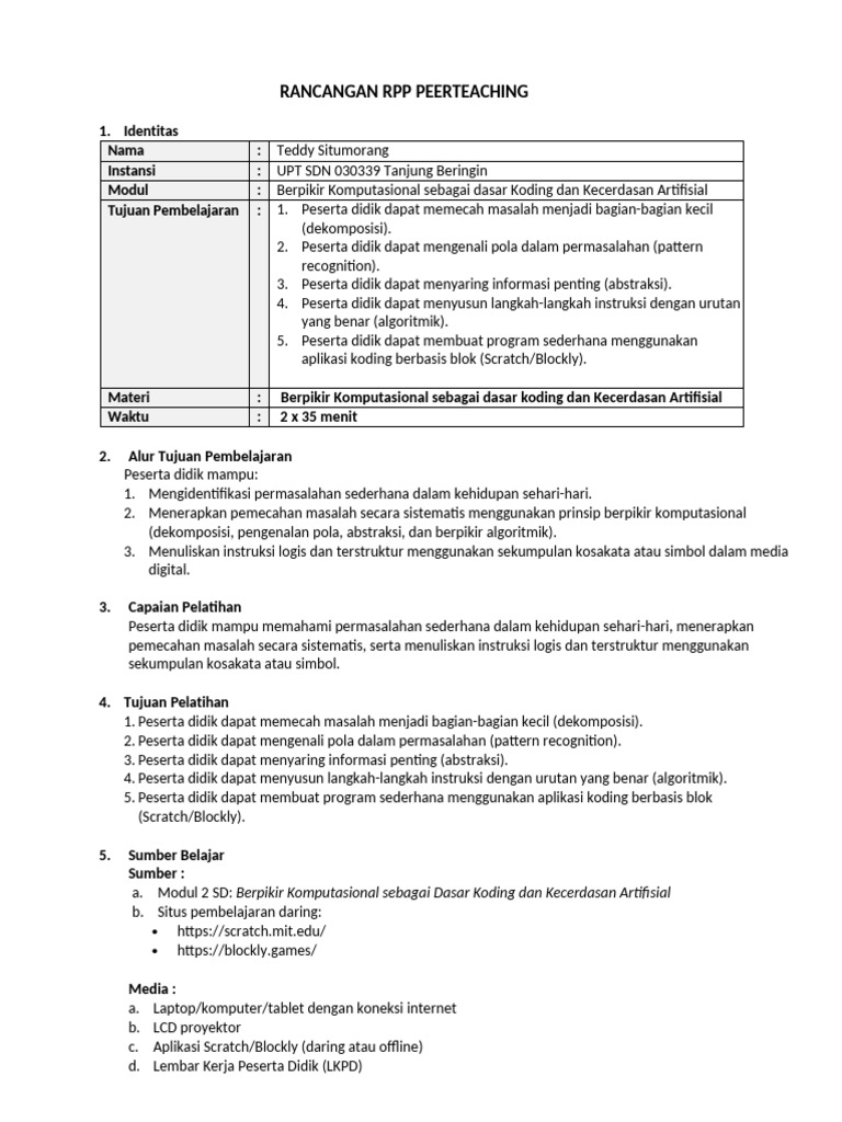 RPP Peer Teaching: Berpikir Komputasional | PDF