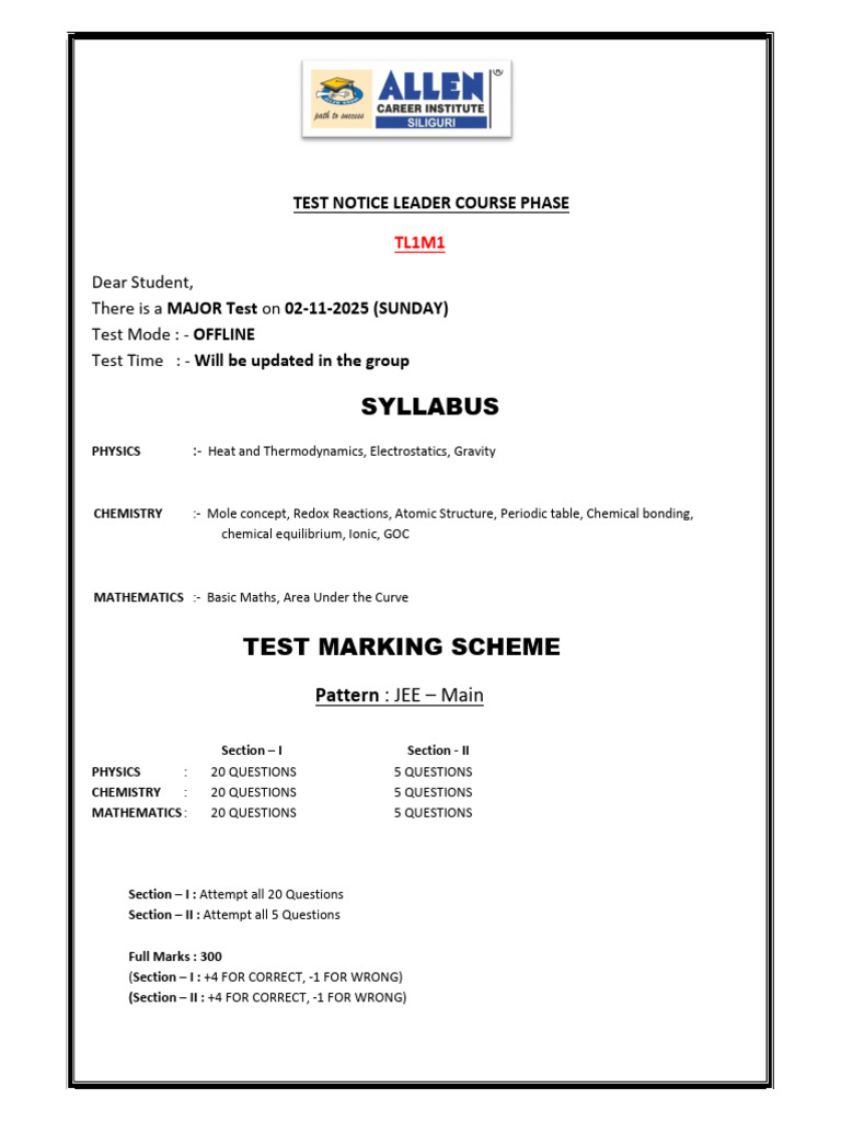 Major Test Notice for TL1M1 Course | PDF
