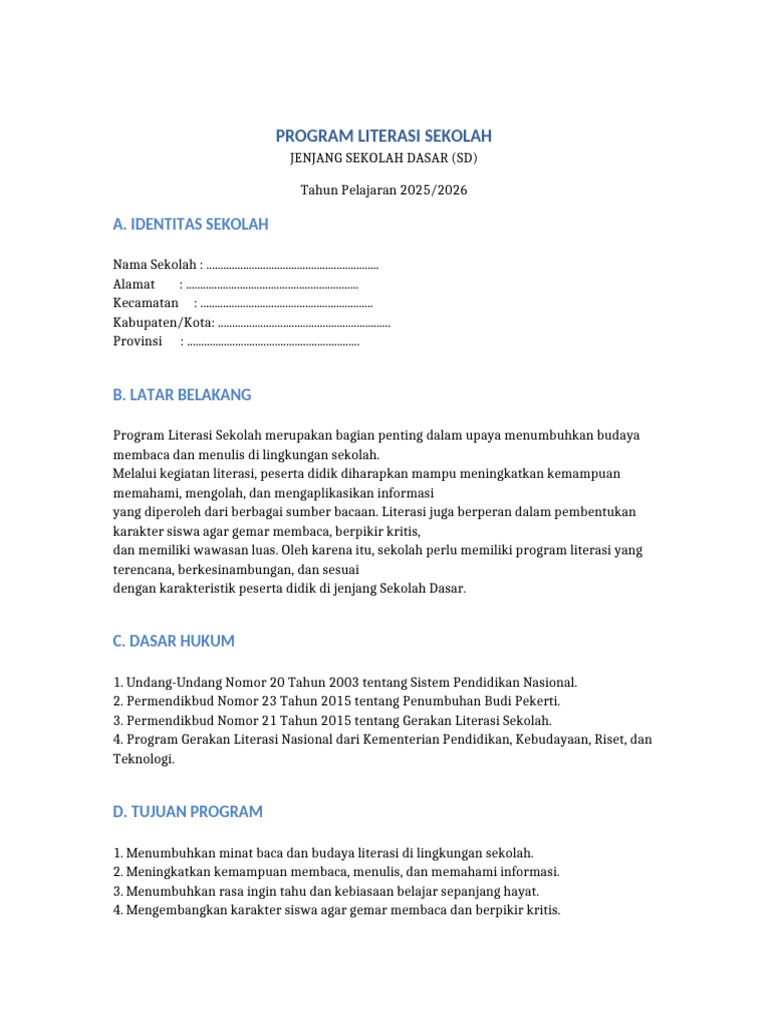Program Literasi Sekolah Dasar 2025/2026 | PDF