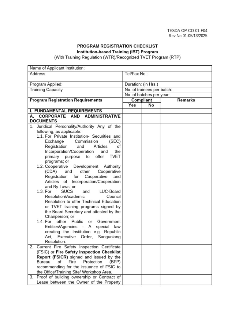TESDA Program Registration Checklist | PDF | Vocational Education