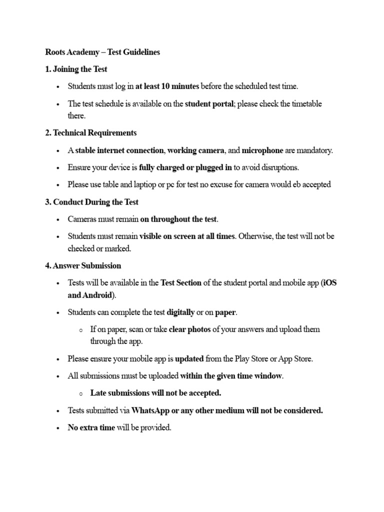 Roots Academy Test Guidelines Overview | PDF
