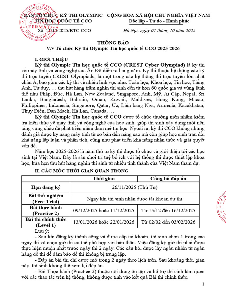 CCO 2025-2026. Thông Báo T CH C (File Word) | PDF