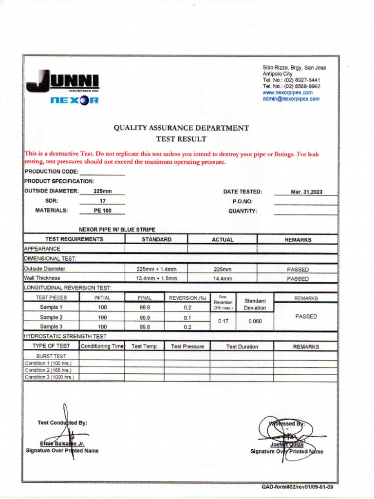 Test Results For Longitudinal Reversion Test | PDF