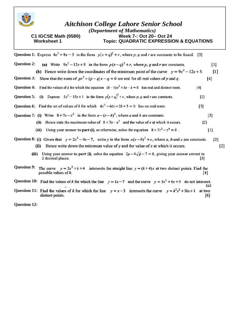 IGCSE Math Worksheet: Quadratics | PDF