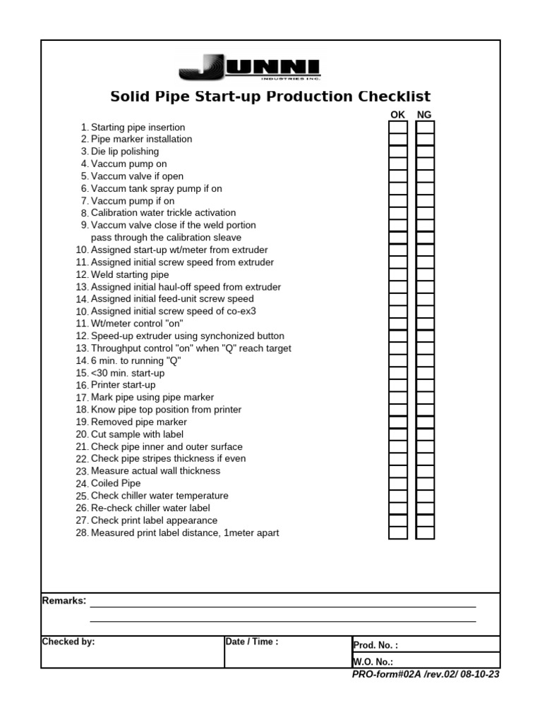 PRO-Form#02A - Solid Pipe Start-Up Production Checklist (REV.01) | PDF