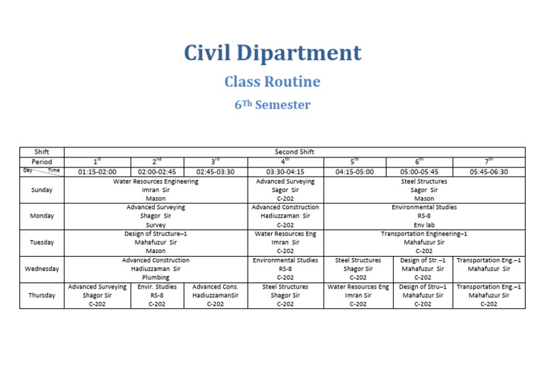 Civil Engineering 6th Semester Routine | PDF