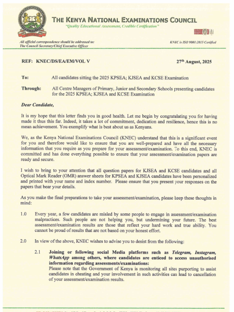 Circular For Candidates Sitting The 2025 Kpsea, Kjsea and Kcse ...