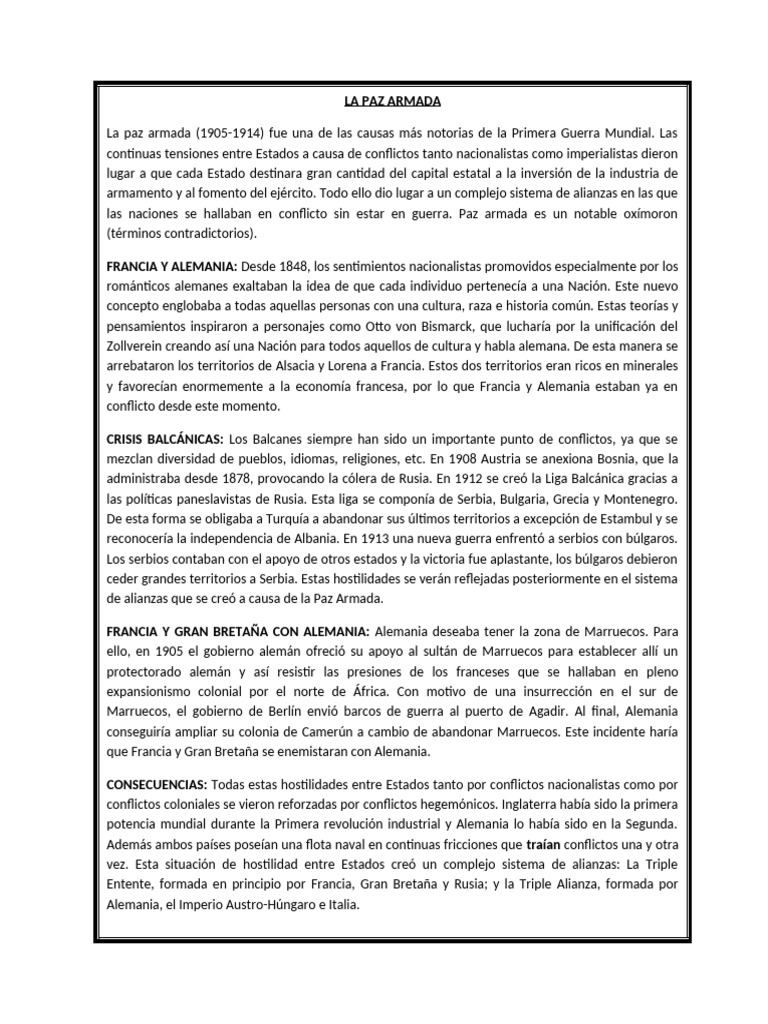 La Paz Armada y sus Causas en WWI | PDF | Austria Hungría | Relaciones ...