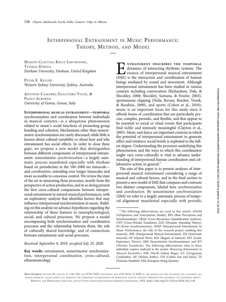 Interoersonal Entrainment in Music Performance | PDF | Rhythm | Neural ...