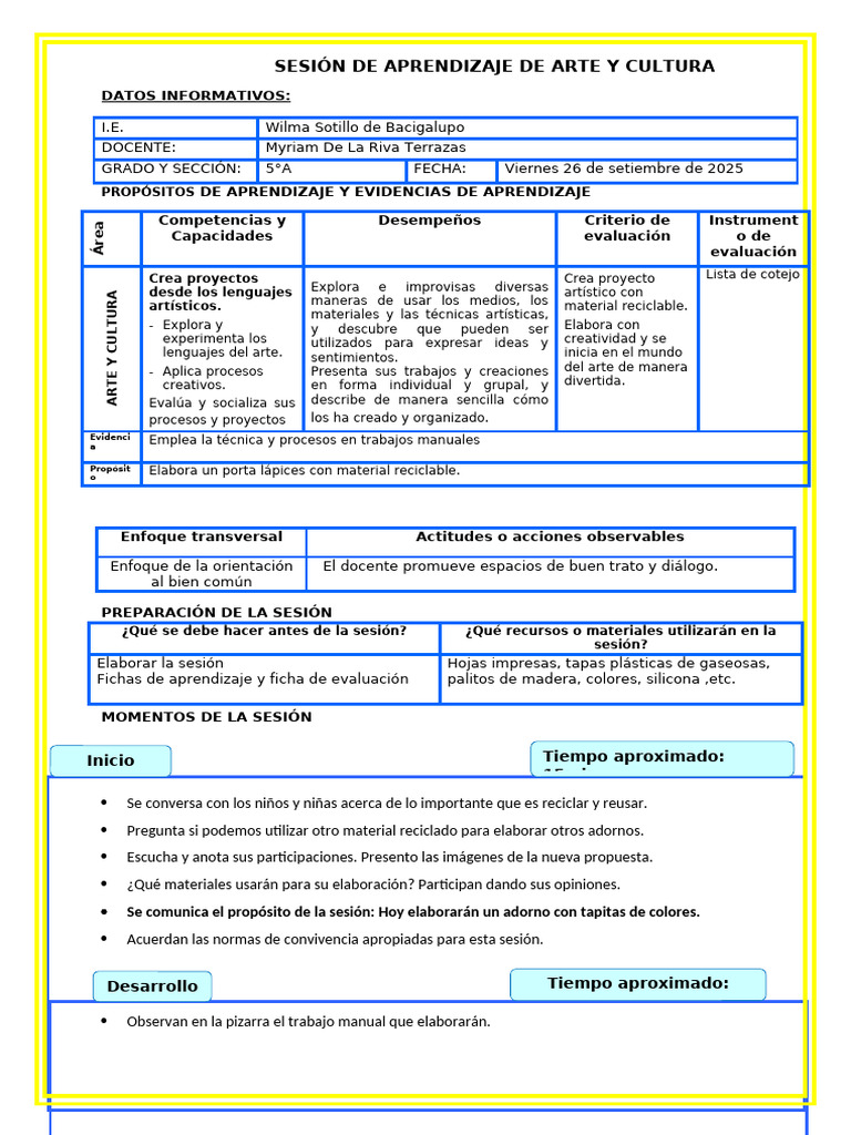 Sesion de Arte y Cultura Con Material Reciclable | PDF | Aprendizaje ...