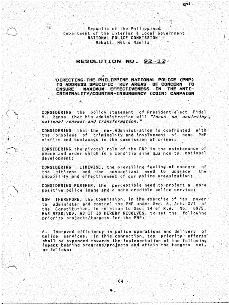 RES NO. 92-12 Directing The Philippine National Police (PNP) To Address ...