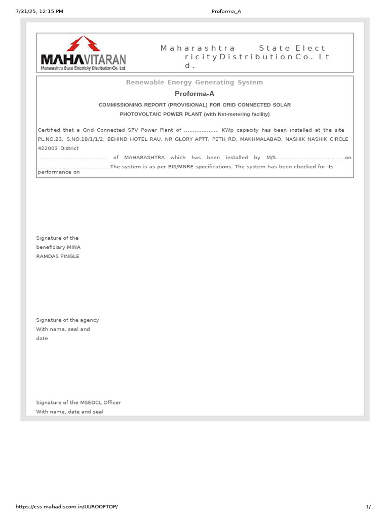 Provisional Commissioning Report for Solar PV | PDF