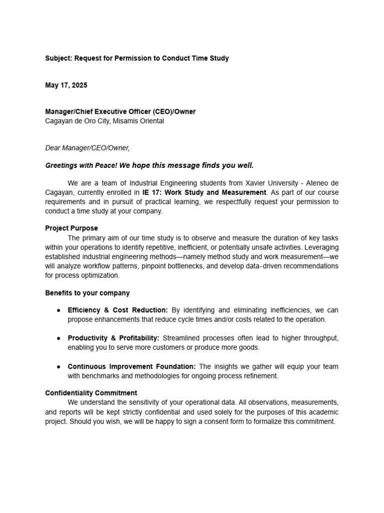 Permission Request for Time Study | PDF | Business