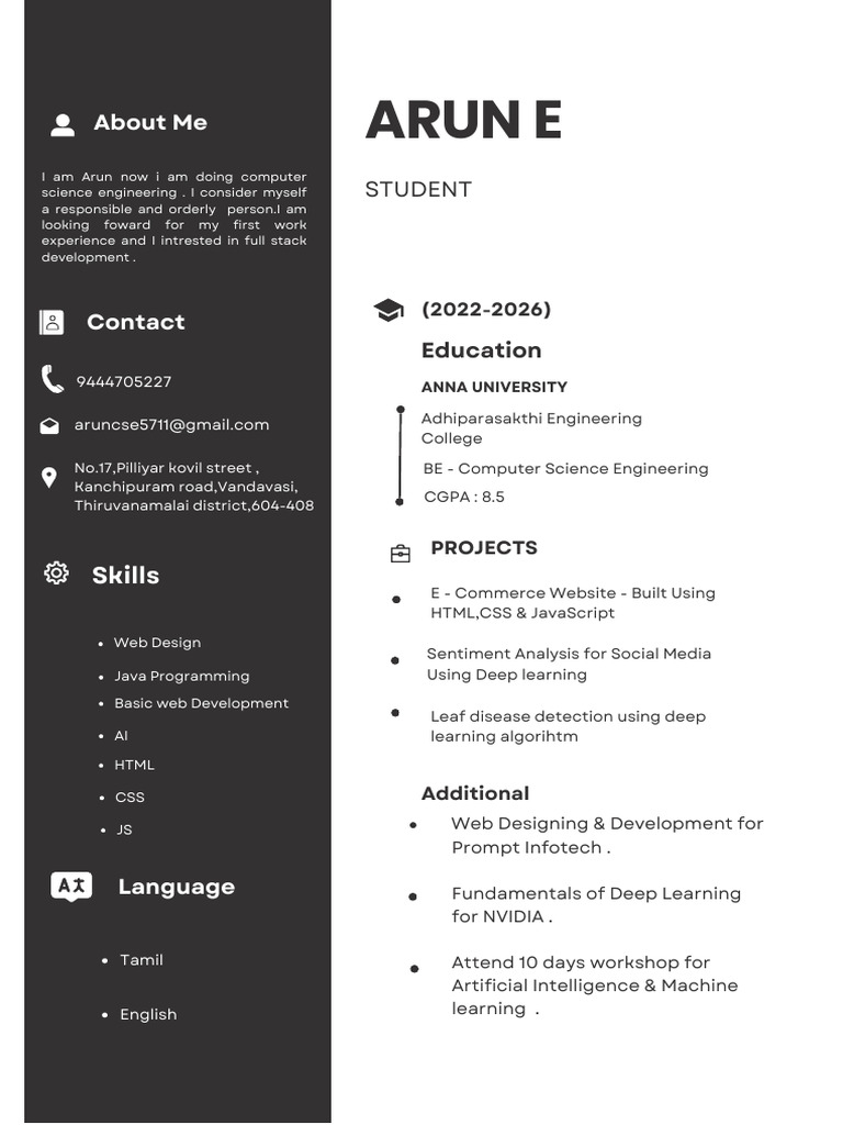 Arun E: About Me | PDF