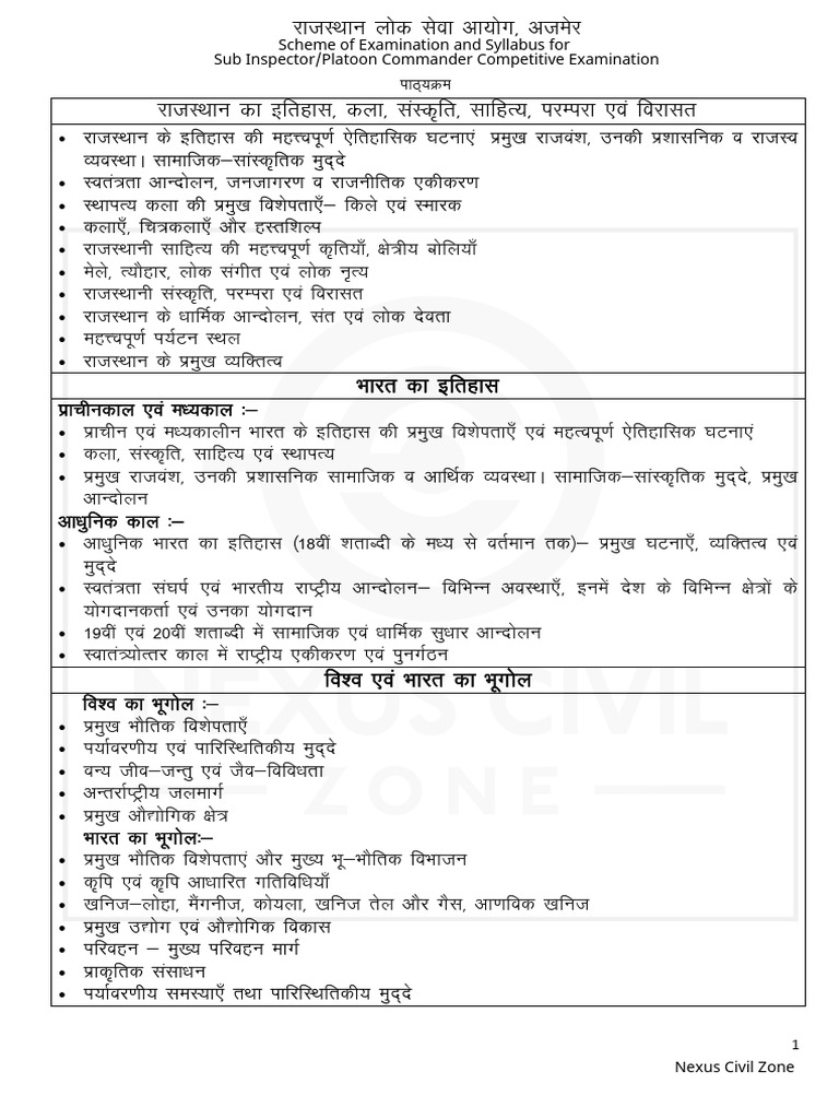 Sub Inspector Exam Syllabus Overview | PDF