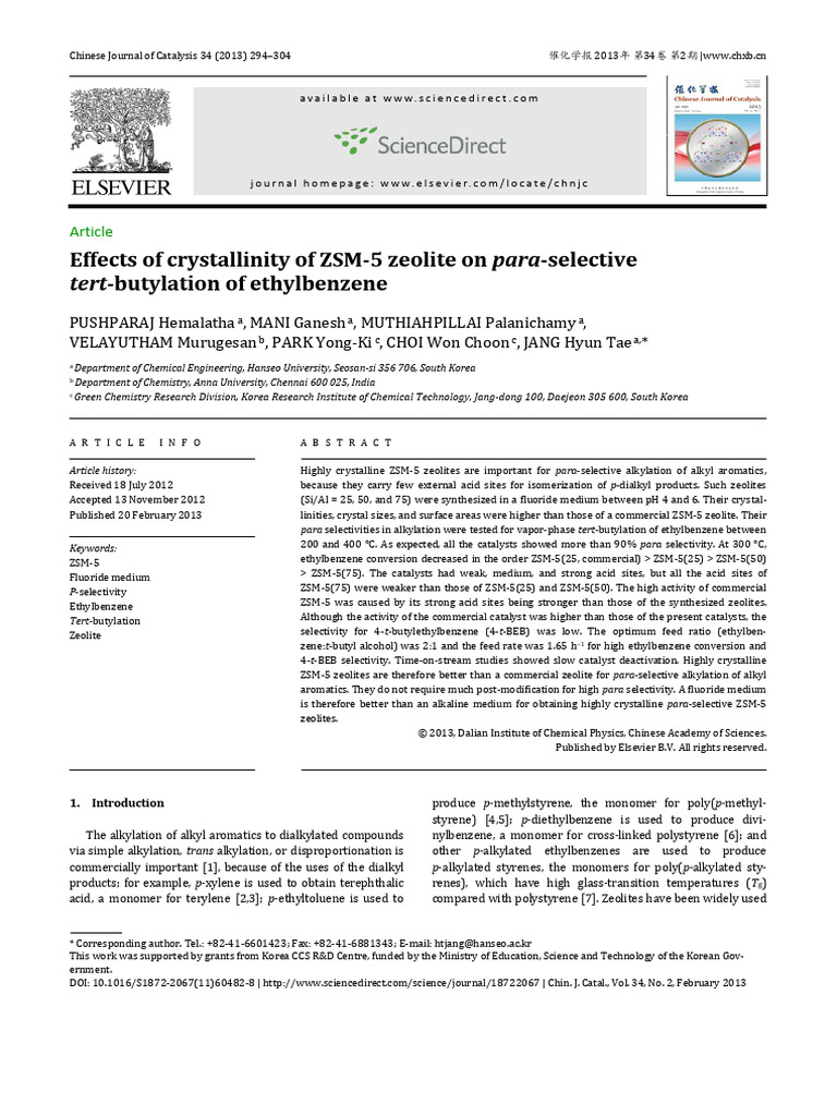 ZSM-5 Zeolite Crystallinity Effects on Tert-Butylation | PDF ...