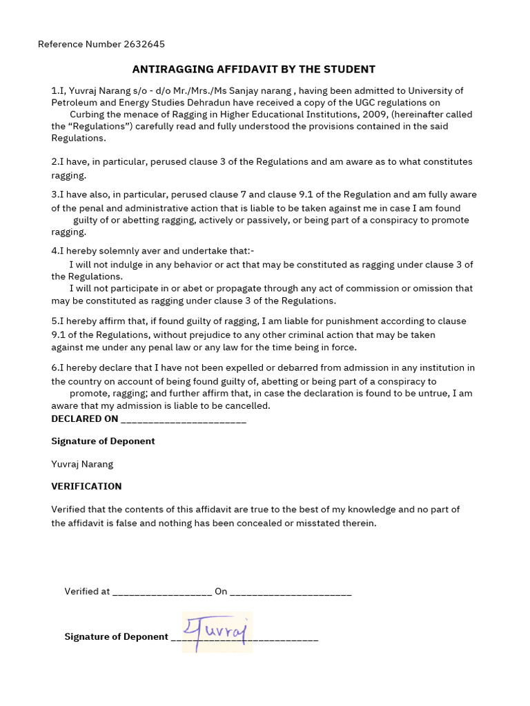 Anti-Ragging Affidavit Template | PDF | Affidavit