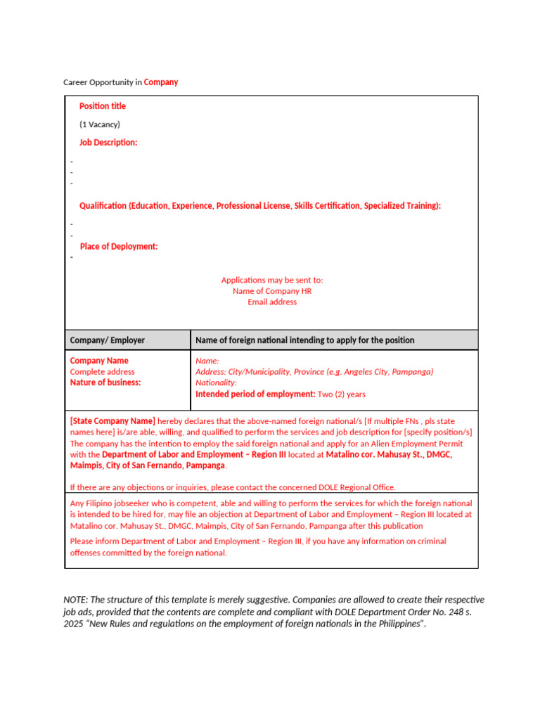 Job Ad Template for Foreign Nationals | PDF