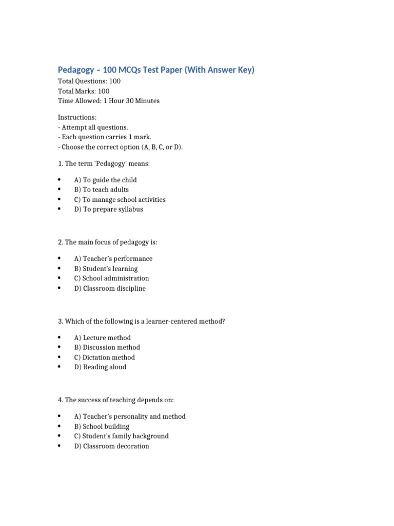 Pedagogy MCQs Test Paper with Answers | PDF | Teachers | Pedagogy