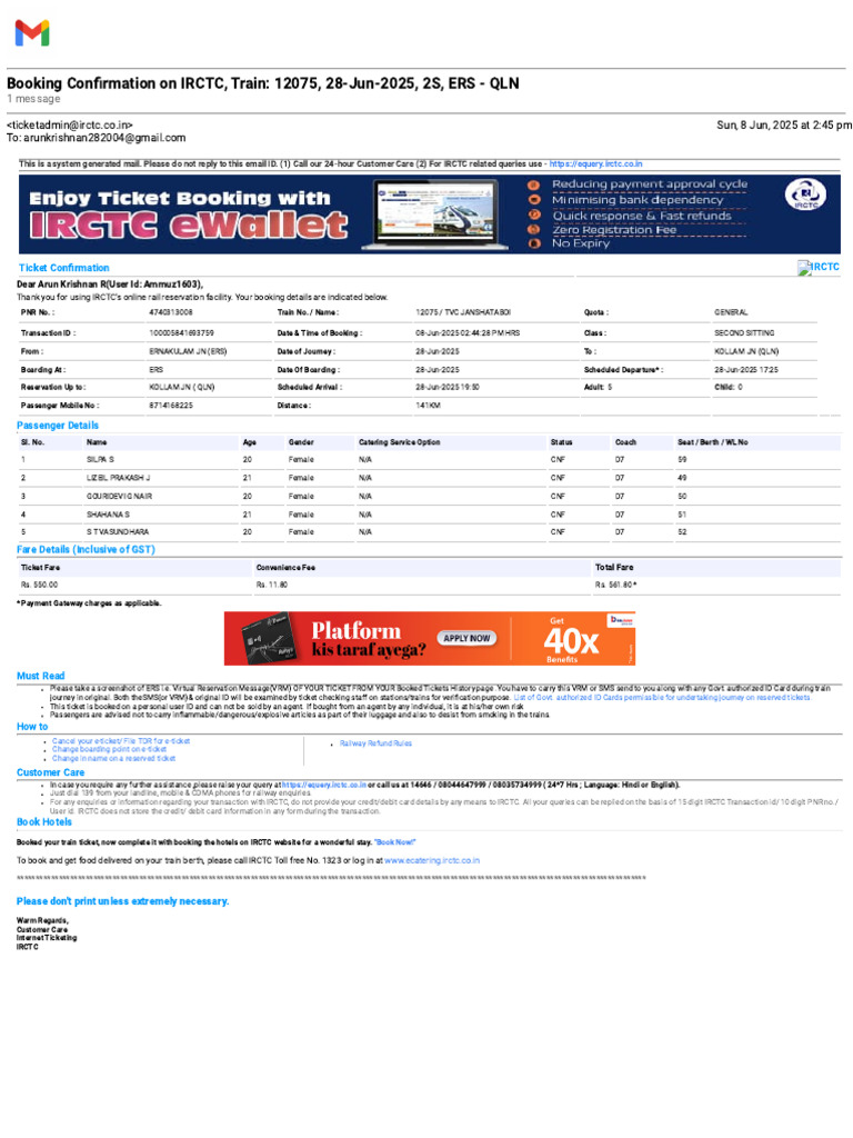 IRCTC Train Booking Confirmation 12075 | PDF | Banking Technology ...