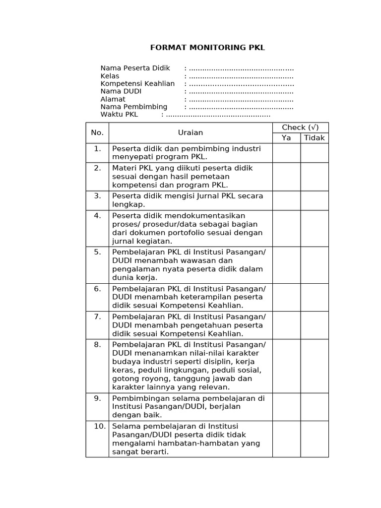 Format Monitoring PKL Peserta Didik | PDF