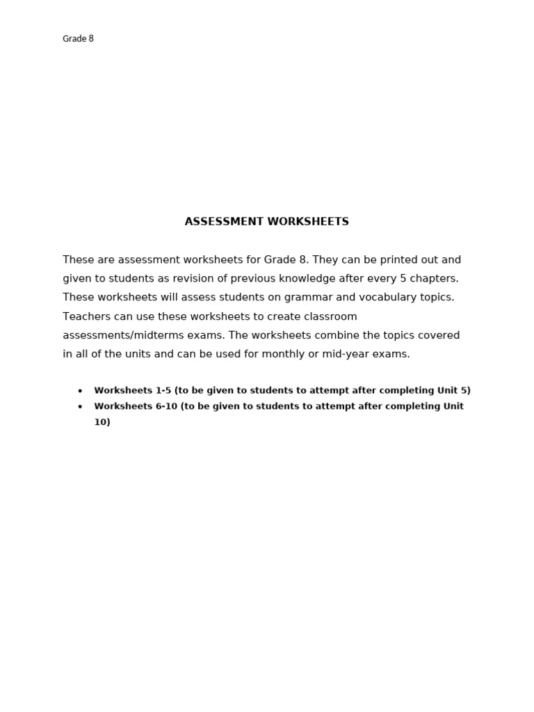 Grade 8 Grammar Assessment Worksheets | PDF | Linguistics | Syntax