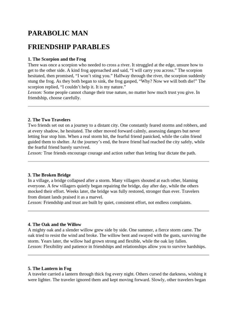 Friendship and Life Lessons Parables | PDF | Deception | Wound