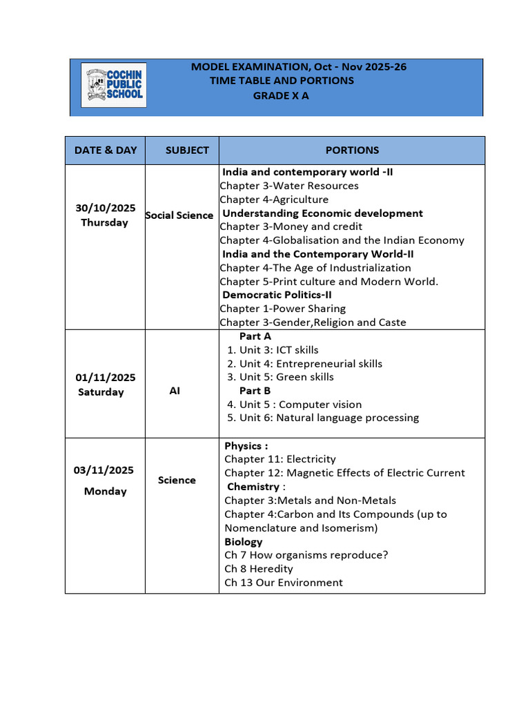Grade X Model Exam Timetable 2025 | PDF