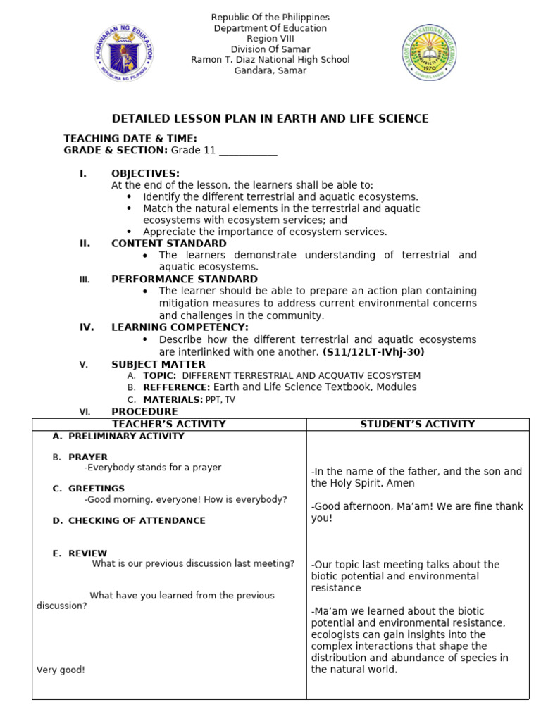 Earth and Life Science Lesson Plan | PDF | Ecosystem | Climate Change ...