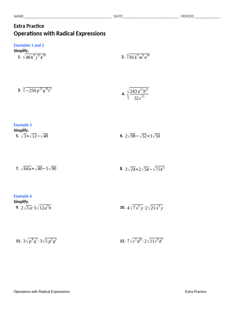 Simplifying Radical Expressions Practice | PDF | Chess Theory | Chess ...
