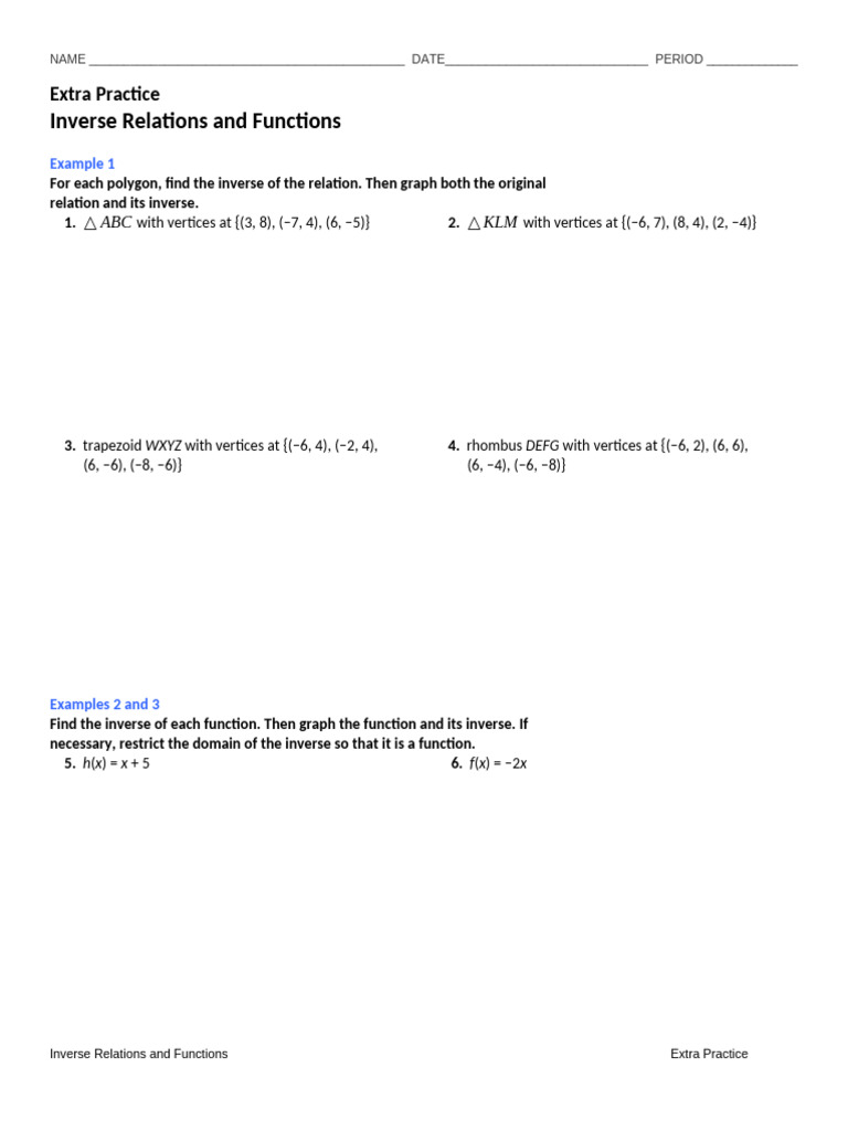 Inverse Relations and Functions Practice | PDF | Area