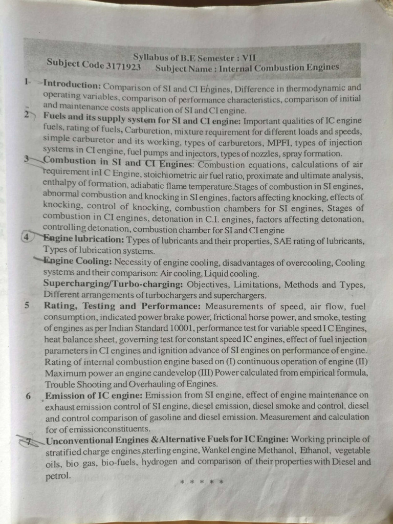 IC Engine Syllabus & Index 7th Sem | PDF