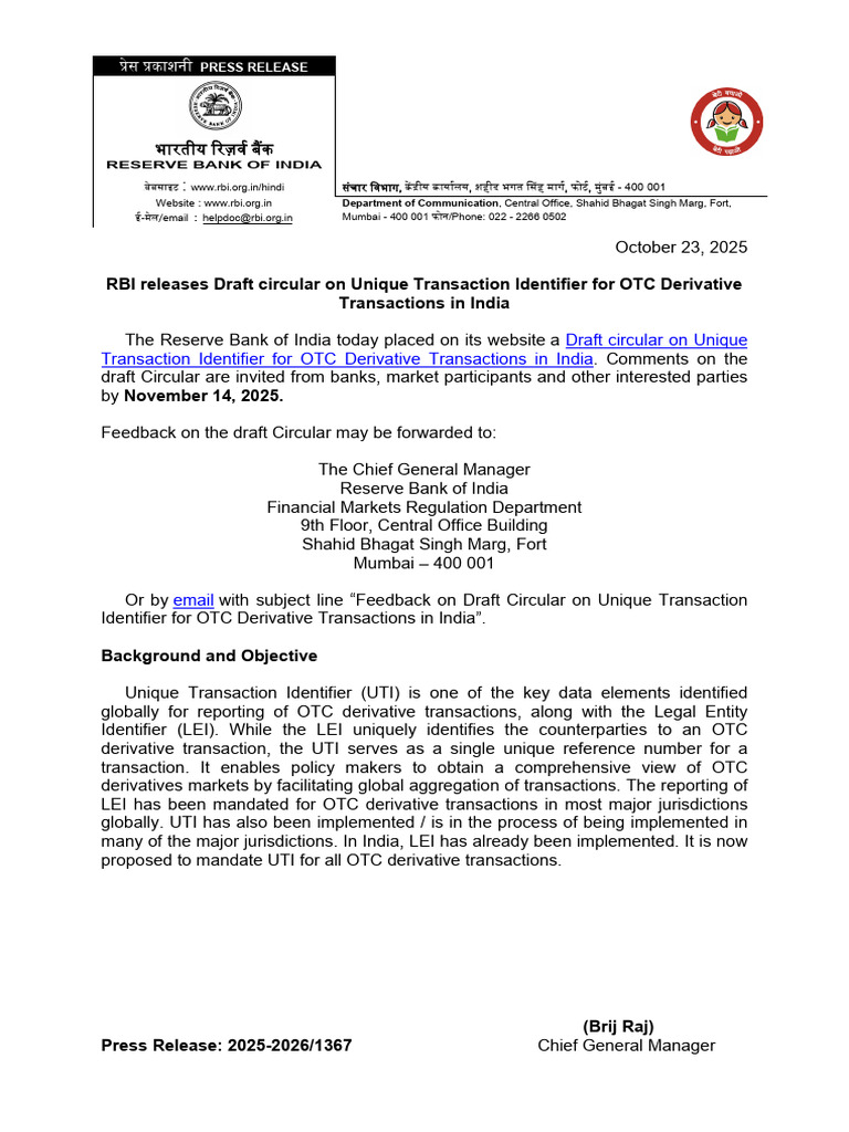 RBI Draft Circular on Unique Transaction Identifier | PDF | Over The ...