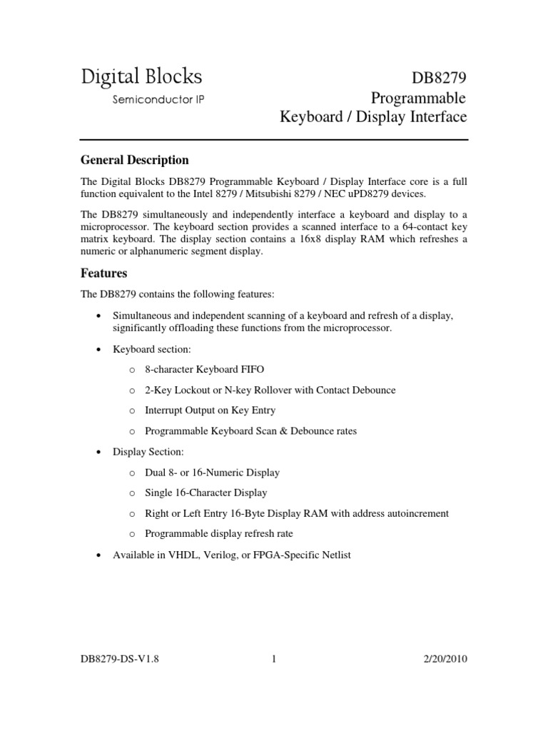 Digital Blocks: DB8279 Programmable Keyboard / Display Interface | PDF ...