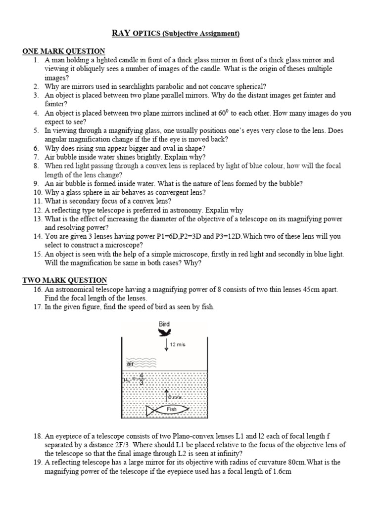 Ray Optics Assignment Questions | PDF | Glass Engineering And Science ...