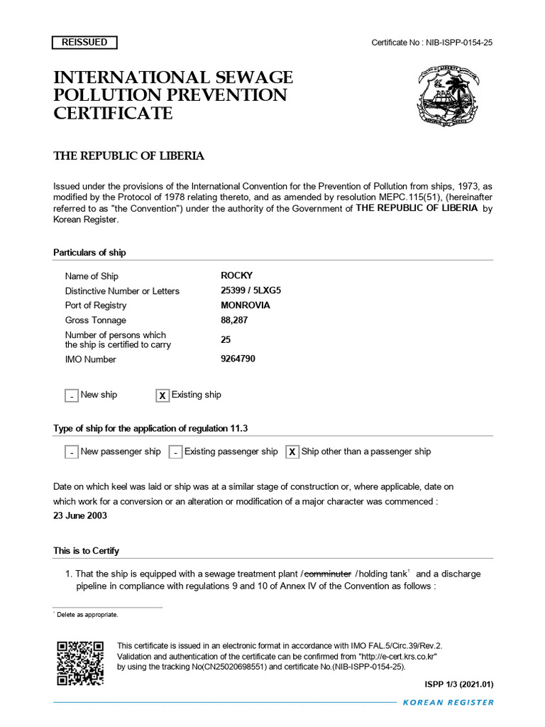 ROCKY - ISPP Certificate 20 Oct 2025 | PDF | Sewage | Sewage Treatment
