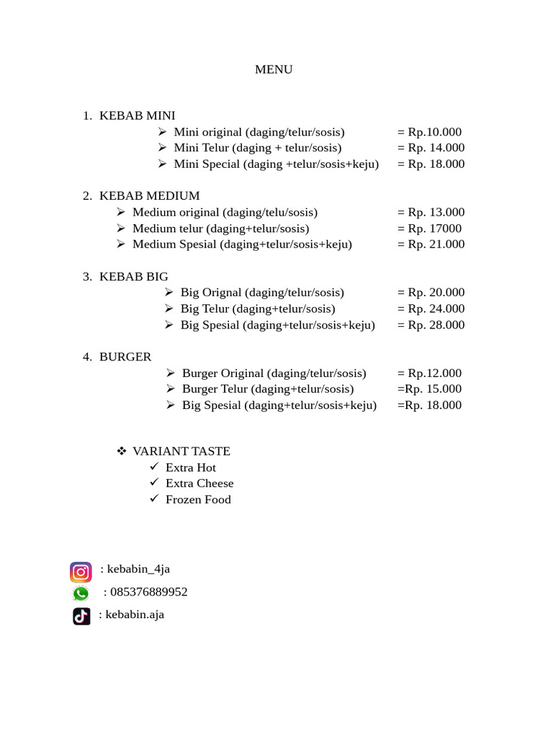 Kebab and Burger Menu Options | PDF