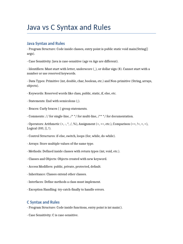 Java vs C Syntax Rules | PDF | Reserved Word | Software Engineering