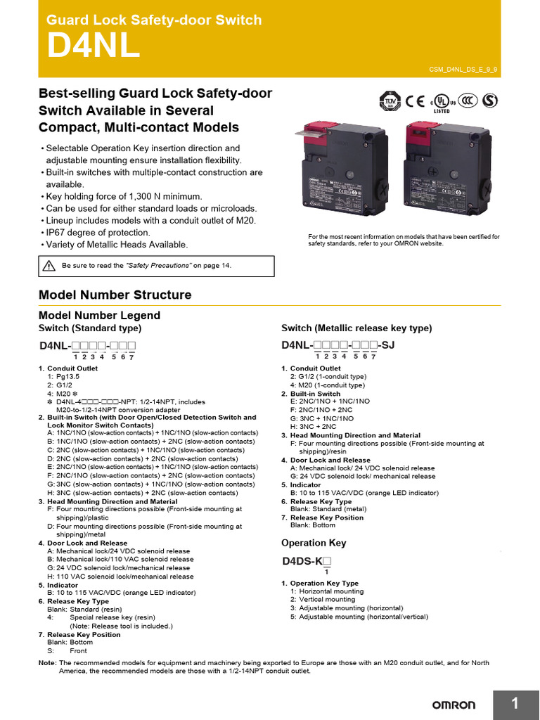 Guard Lock Safety Door Switch D4NL | PDF | Insulator (Electricity) | Switch