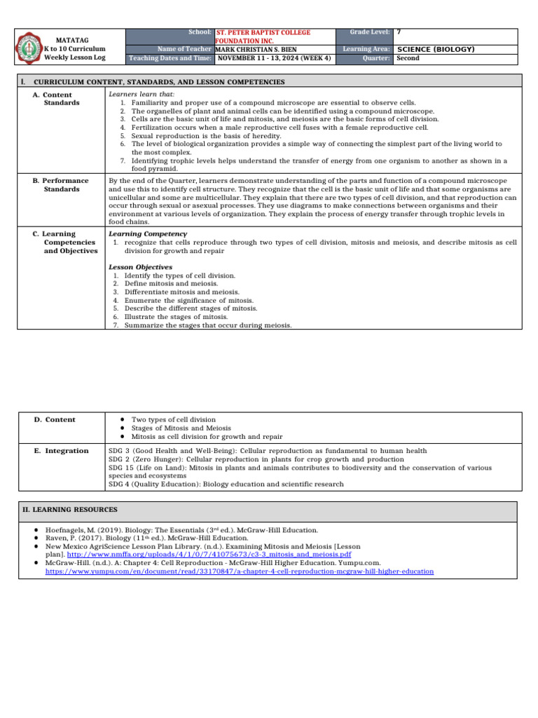 Grade 7 Science: Mitosis & Meiosis Log | PDF | Meiosis | Mitosis