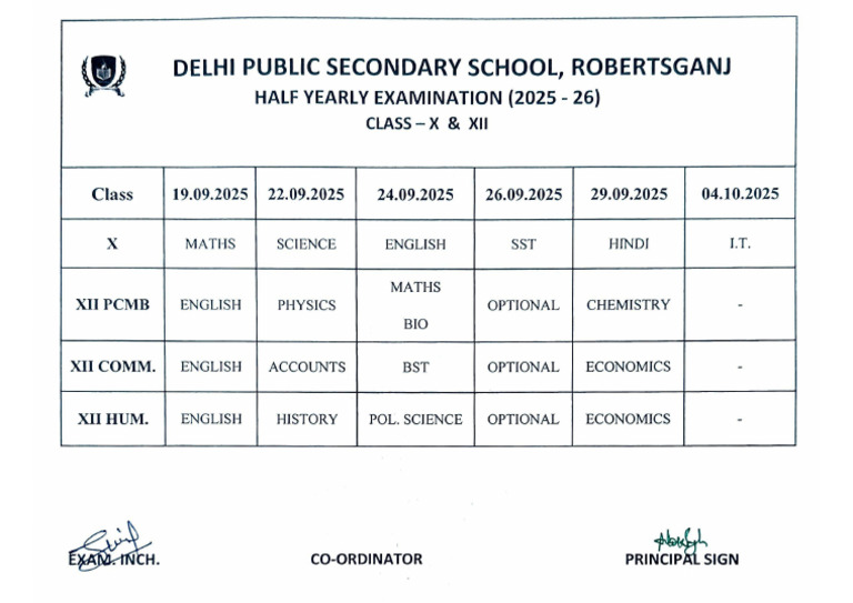 Class - X & XII Schedule Half Yearly | PDF