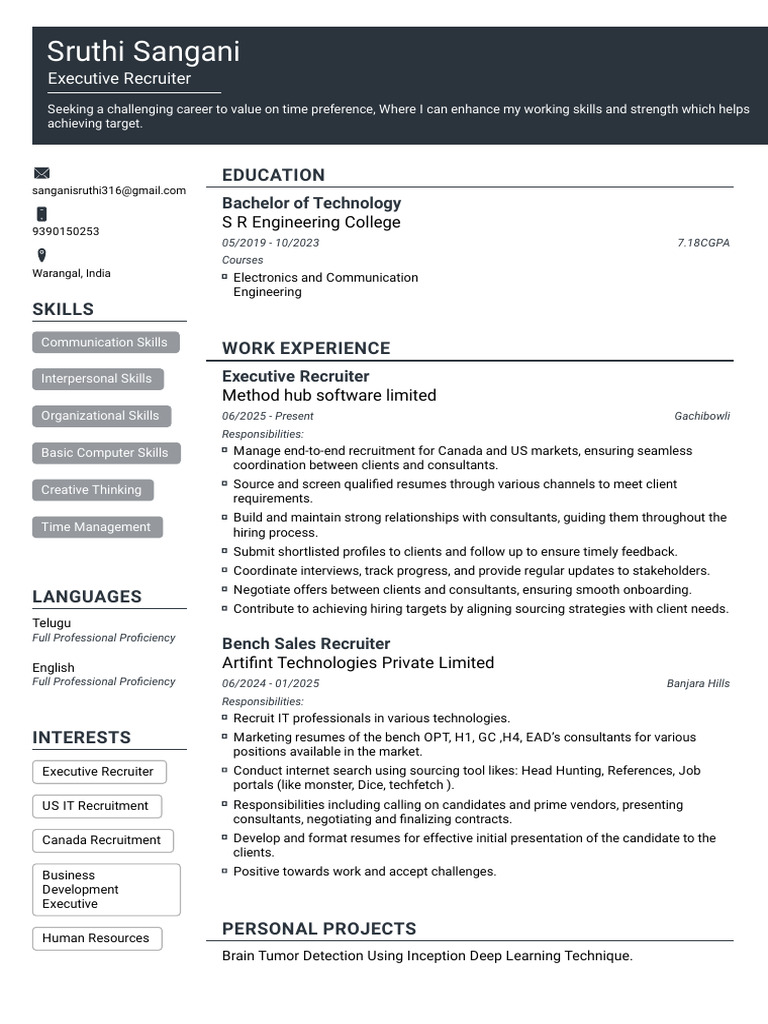 Executive Recruiter Resume - Sruthi Sangani | PDF | Recruitment | Business
