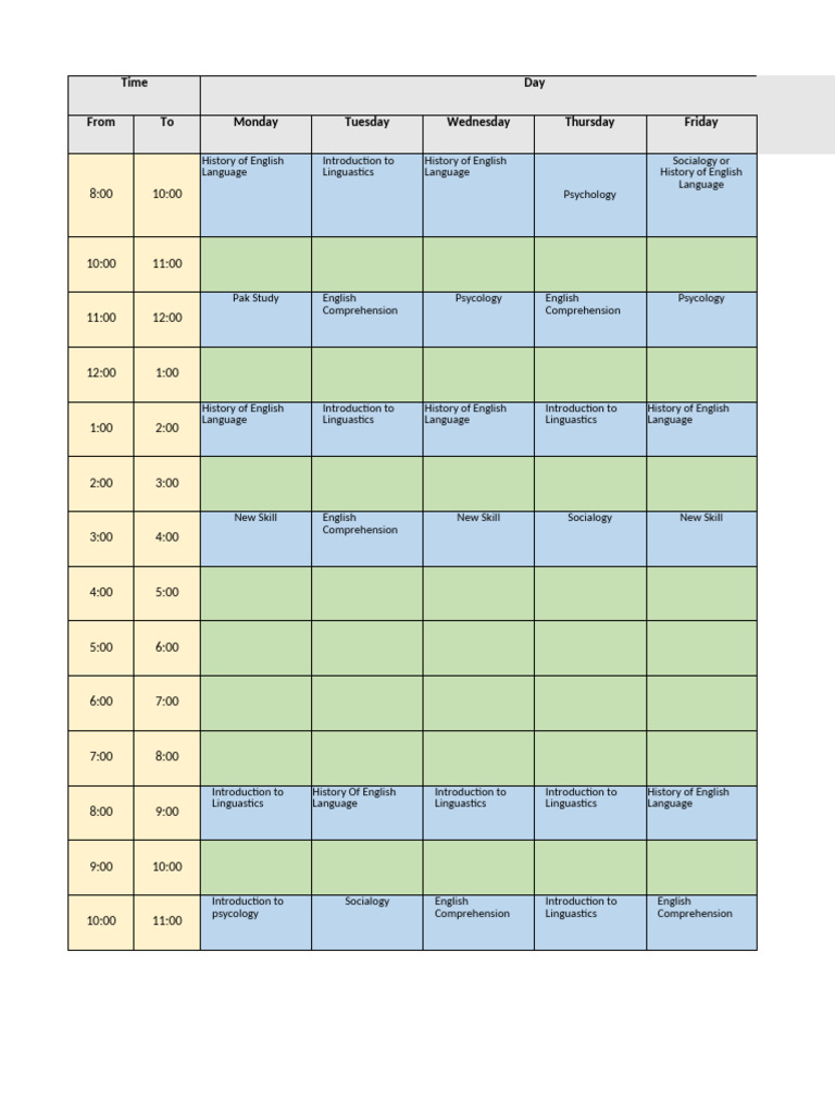 Weekly Class Schedule Overview | PDF