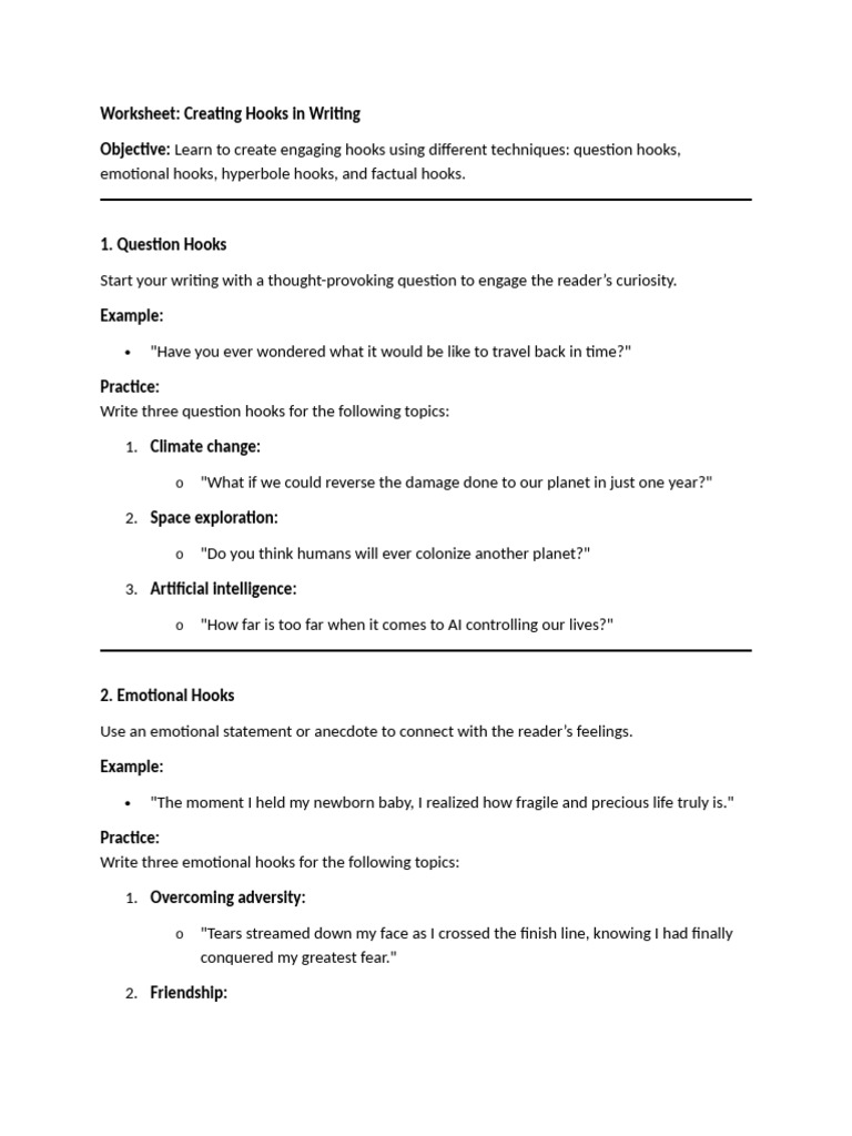 Engaging Hooks Practice Worksheet | PDF