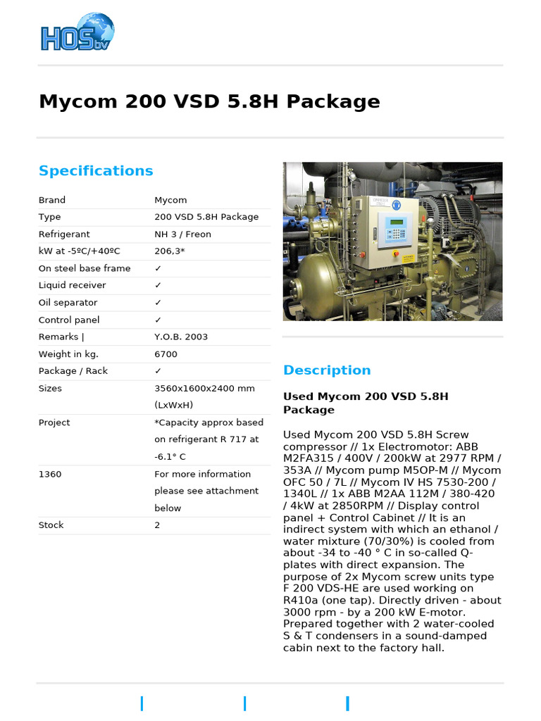 Used Mycom 200 VSD 5.8H Refrigeration | PDF | Refrigeration | Cold