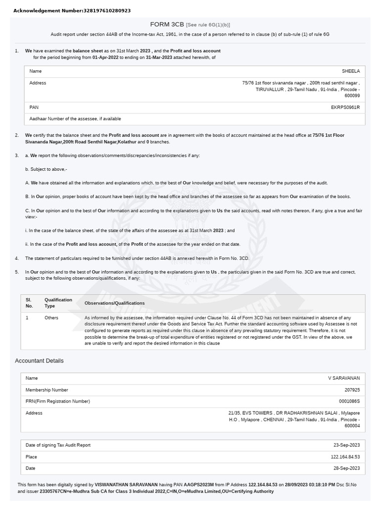 Income Tax Audit Report 2023 for Sheela | PDF | Payments | Taxes