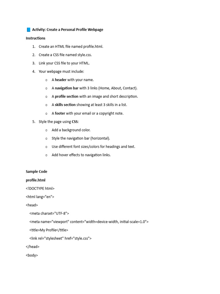 Create a Personal Profile Webpage | PDF | Html | Text