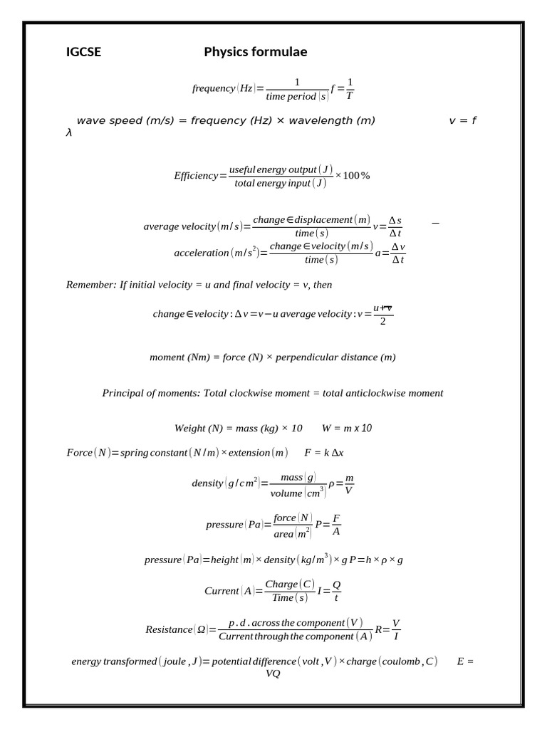 IGCSE Physics Formulae | PDF | Force | Mass